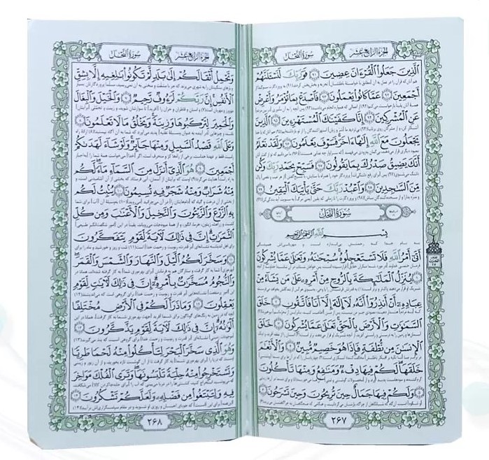 قرآن چرم و داخل رنگی پالتویی سبز وسط طلاکوب(پیام مهر عدالت)